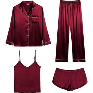image:imageSWOMOG Womens 4pcs Pajamas Sets Silk Satin Pjs Sexy Cami Shorts Set Button Down Long Short Sleeve Sleepwear LoungewearWine Red