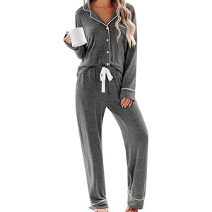 image:imageSWOMOG Womens Pajama Sets Long Sleeve Button Down Sleepwear 2 Piece PJs Soft Lounge Sets with Pockets SXXLDark Grey