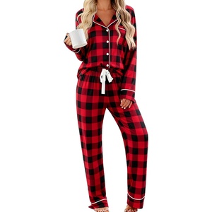 image:imageSWOMOG Womens Pajama Sets Long Sleeve Button Down Sleepwear 2 Piece PJs Soft Lounge Sets with Pockets SXXLRed Plaid