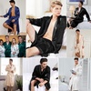 image:imageSWOMOG Mens Satin Robe Silky Kimono Bathrobe with Shorts Set Lightweight Soft Loungewear NightwearNavy Blue