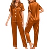 image:imageSWOMOG Women Satin Pajamas Set Short Sleeve Top amp Pants Sleepwear Silky Button Down Nightwear 2pcs Loungewear Pjs SetBurnt Orange
