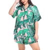 image:imageSWOMOG Womens Plus Size Pajama Set Silk Satin Pajamas Button Down Loungewear Short Sleeve Pjs 2 piece Sleepwear 1628WPink Leaves