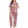 image:imageSWOMOG Womens Plus Size Pajamas Silk Satin Pajama Set Short Sleeve Shirt with FullLength Pants Pjs Sleepwear Set 18W26WMisty Rose