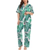 image:imageSWOMOG Womens Plus Size Pajamas Silk Satin Pajama Set Short Sleeve Shirt with FullLength Pants Pjs Sleepwear Set 18W26WPink Leaves