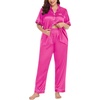 image:imageSWOMOG Womens Plus Size Pajamas Silk Satin Pajama Set Short Sleeve Shirt with FullLength Pants Pjs Sleepwear Set 18W26WRose Red