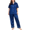 image:imageSWOMOG Womens Plus Size Pajamas Silk Satin Pajama Set Short Sleeve Shirt with FullLength Pants Pjs Sleepwear Set 18W26WNavy Blue