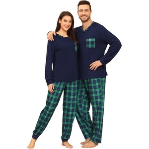 image:imageSWOMOG Couple Matching Pajamas Plaid Long Sleeve Christmas Pjs for Men and Women Soft Warm Loungewear with PocketNavy Blue Grid