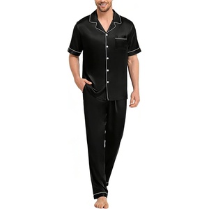 image:imageSWOMOG Mens Silk Pajamas Set Satin Pj Set Short Sleeve Sleepwear Button Down Lounge Set with Drawstring amp Pockets S3XLBlack