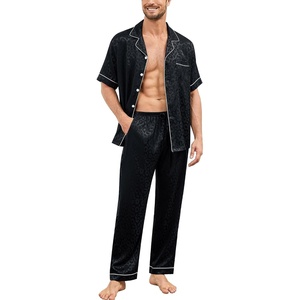 image:imageSWOMOG Mens Silk Pajamas Set Satin Pj Set Short Sleeve Sleepwear Button Down Lounge Set with Drawstring amp Pockets S3XLBlack Leopard