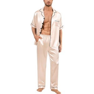 image:imageSWOMOG Mens Silk Pajamas Set Satin Pj Set Short Sleeve Sleepwear Button Down Lounge Set with Drawstring amp Pockets S3XLChampagne  No Drawstring