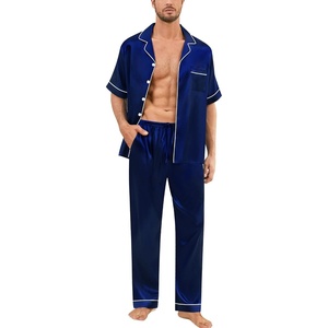 image:imageSWOMOG Mens Silk Pajamas Set Satin Pj Set Short Sleeve Sleepwear Button Down Lounge Set with Drawstring amp Pockets S3XLDeep Navy Blue