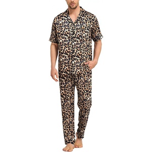 image:imageSWOMOG Mens Silk Pajamas Set Satin Pj Set Short Sleeve Sleepwear Button Down Lounge Set with Drawstring amp Pockets S3XLLeopard Print