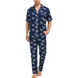 image:imageSWOMOG Mens Silk Pajamas Set Satin Pj Set Short Sleeve Sleepwear Button Down Lounge Set with Drawstring amp Pockets S3XLNavy Blue Zebra Print