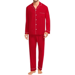image:imageSWOMOG Modal Pajamas for Men Long Sleeve Christmas Red Cotton Sleepwear Soft Button Down Lounge Set 2 Pcs Modal Pj Set with Pockets
