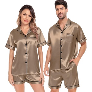 image:imageSWOMOG Satin Matching Pajamas Sets Couple Silk Button Down Nightwear Women amp Men Short Sleeve Sleepwear 2 Pieces LoungewearOpaue Couche