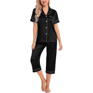 image:imageSWOMOG Satin Pajama Set Women Silk Pjs Set Short Sleeve 2 Piece Button Down Sleepwear Lounge SetsBlack
