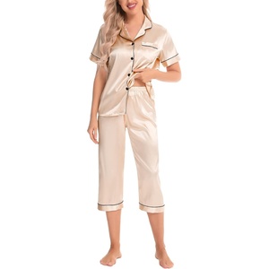 image:imageSWOMOG Satin Pajama Set Women Silk Pjs Set Short Sleeve 2 Piece Button Down Sleepwear Lounge SetsChampagne