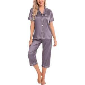 image:imageSWOMOG Satin Pajama Set Women Silk Pjs Set Short Sleeve 2 Piece Button Down Sleepwear Lounge SetsChestnut