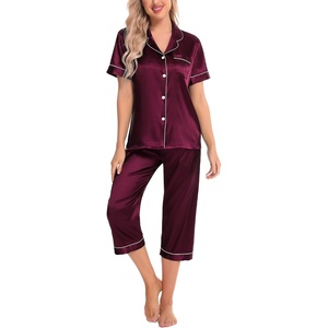 image:imageSWOMOG Satin Pajama Set Women Silk Pjs Set Short Sleeve 2 Piece Button Down Sleepwear Lounge SetsDeep Wine Red