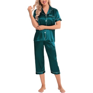image:imageSWOMOG Satin Pajama Set Women Silk Pjs Set Short Sleeve 2 Piece Button Down Sleepwear Lounge SetsGreen