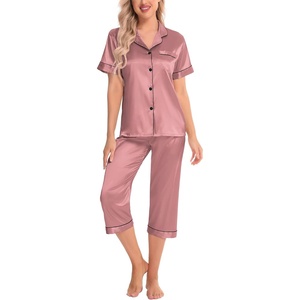 image:imageSWOMOG Satin Pajama Set Women Silk Pjs Set Short Sleeve 2 Piece Button Down Sleepwear Lounge SetsMisty Rose