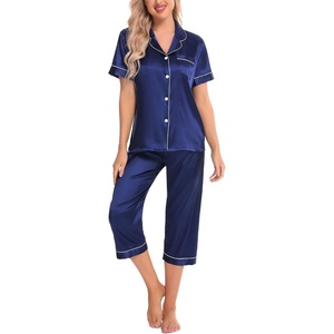 image:imageSWOMOG Satin Pajama Set Women Silk Pjs Set Short Sleeve 2 Piece Button Down Sleepwear Lounge SetsNavy Blue