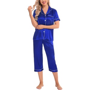 image:imageSWOMOG Satin Pajama Set Women Silk Pjs Set Short Sleeve 2 Piece Button Down Sleepwear Lounge SetsRoyal Blue