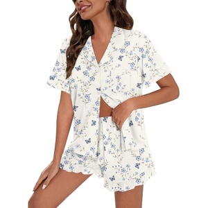 image:imageSWOMOG Woman Pajama Set Short Sleeve Pjs Set 2Pcs Short Pajamas Button Down Ruffle Hem Sleepwear Soft Modal LoungewearCream Blue Butterfly