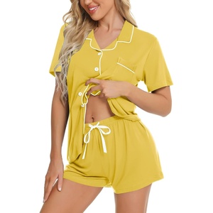 image:imageSWOMOG Womens Button Down Pajamas Set Short Sleeve Sleepwear Bride Soft Pj Lounge Sets XS3XLPale Yellow