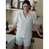 image:imageSWOMOG 100 Cotton Pajamas for Women Cute Floral 2 Piece Button Down Sleepwear Set with ShortsBlue Stripe Floral