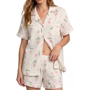 image:imageSWOMOG 100 Cotton Pajamas for Women Cute Floral 2 Piece Button Down Sleepwear Set with ShortsCream Tulip Floral
