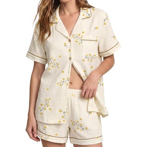 image:imageSWOMOG 100 Cotton Pajamas for Women Cute Floral 2 Piece Button Down Sleepwear Set with ShortsYellow Flower