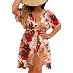 image:imageSWOMOG Plus Size Swimsuit Cover Up Women Chiffon Kimono Bikini Coverups Cardigan Open Front Summer Beachwear SwimwearColorful Flowers