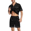 image:imageSWOMOG Silk Satin Pajamas Sets for Men Short Sleeve 2 Piece Button Down Sleepwear Mens Loungewear Sets with PocketsBlack