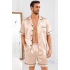 image:imageSWOMOG Silk Satin Pajamas Sets for Men Short Sleeve 2 Piece Button Down Sleepwear Mens Loungewear Sets with PocketsChampagne