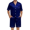 image:imageSWOMOG Silk Satin Pajamas Sets for Men Short Sleeve 2 Piece Button Down Sleepwear Mens Loungewear Sets with PocketsDeep Navy Blue