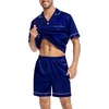 image:imageSWOMOG Silk Satin Pajamas Sets for Men Short Sleeve 2 Piece Button Down Sleepwear Mens Loungewear Sets with PocketsDeep Navy Blue
