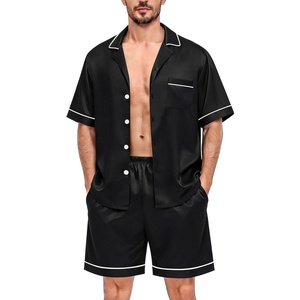 image:imageSWOMOG Silk Satin Pajamas Sets for Men Short Sleeve 2 Piece Button Down Sleepwear Mens Loungewear Sets with PocketsBlack