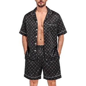 image:imageSWOMOG Silk Satin Pajamas Sets for Men Short Sleeve 2 Piece Button Down Sleepwear Mens Loungewear Sets with PocketsBlack Floral