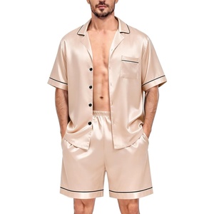 image:imageSWOMOG Silk Satin Pajamas Sets for Men Short Sleeve 2 Piece Button Down Sleepwear Mens Loungewear Sets with PocketsChampagne