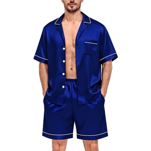 image:imageSWOMOG Silk Satin Pajamas Sets for Men Short Sleeve 2 Piece Button Down Sleepwear Mens Loungewear Sets with PocketsDeep Navy Blue