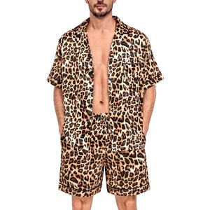 image:imageSWOMOG Silk Satin Pajamas Sets for Men Short Sleeve 2 Piece Button Down Sleepwear Mens Loungewear Sets with PocketsLeopard Print