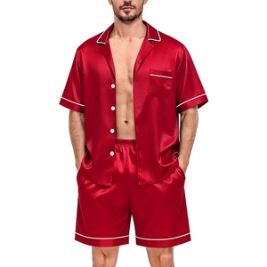 image:imageSWOMOG Silk Satin Pajamas Sets for Men Short Sleeve 2 Piece Button Down Sleepwear Mens Loungewear Sets with PocketsRed