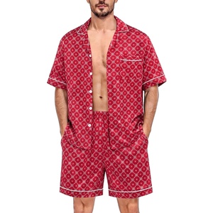image:imageSWOMOG Silk Satin Pajamas Sets for Men Short Sleeve 2 Piece Button Down Sleepwear Mens Loungewear Sets with PocketsRed Floral