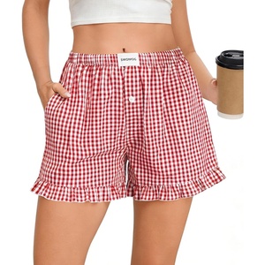 image:imageSWOMOG Womens Boxer Shorts Cotton Pajamas Ruffle Gingham Shorts Summer Casual Lounge Sleep Bottoms Pockets 2026 TrendyRed White Plaid