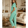 image:imageSWOMOG 100 Cotton Pajamas for Women Set 2PCS ButtonDown Lounge Pjs Short Sleeve Tops and LongPants with PocketGreen Plaid