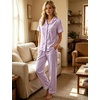 image:imageSWOMOG 100 Cotton Pajamas for Women Set 2PCS ButtonDown Lounge Pjs Short Sleeve Tops and LongPants with PocketPurplewhite Stripes
