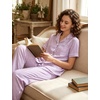 image:imageSWOMOG 100 Cotton Pajamas for Women Set 2PCS ButtonDown Lounge Pjs Short Sleeve Tops and LongPants with PocketPurplewhite Stripes