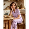 image:imageSWOMOG 100 Cotton Pajamas for Women Set 2PCS ButtonDown Lounge Pjs Short Sleeve Tops and LongPants with PocketPurplewhite Stripes
