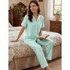 image:imageSWOMOG 100 Cotton Pajamas for Women Set 2PCS ButtonDown Lounge Pjs Short Sleeve Tops and LongPants with PocketSage Greenwhite Stripes